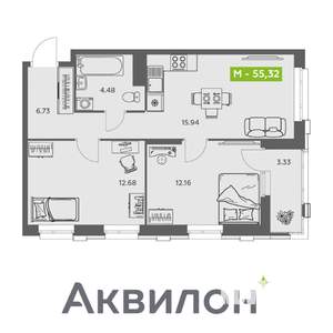 2-к квартира, вторичка, 55м2, 14/16 этаж