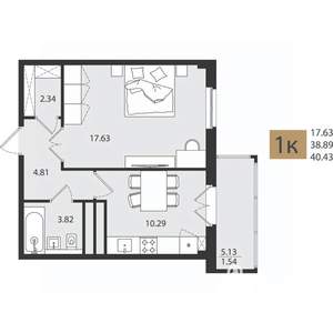 1-к квартира, вторичка, 40м2, 3/16 этаж