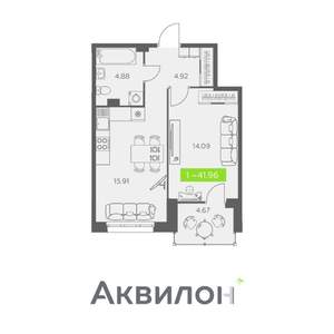1-к квартира, вторичка, 42м2, 2/11 этаж
