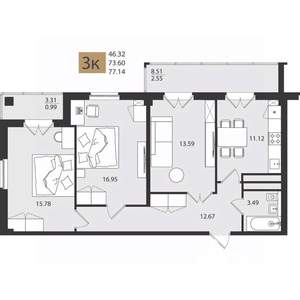 3-к квартира, вторичка, 77м2, 9/16 этаж