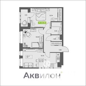 2-к квартира, вторичка, 53м2, 13/16 этаж