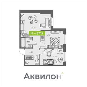 2-к квартира, вторичка, 57м2, 1/8 этаж