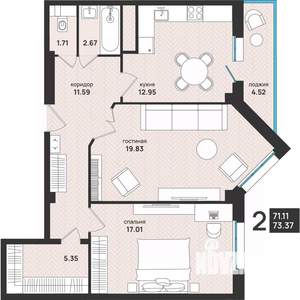 2-к квартира, вторичка, 73м2, 4/13 этаж