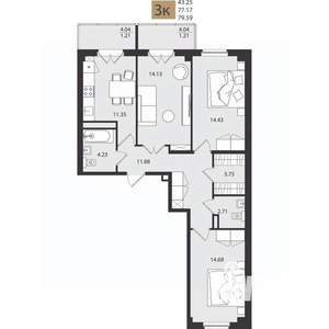 3-к квартира, вторичка, 80м2, 5/16 этаж