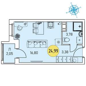 Студия квартира, строящийся дом, 25м2, 6/9 этаж