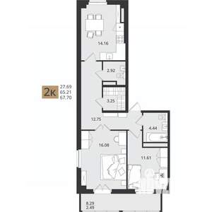 2-к квартира, вторичка, 68м2, 7/16 этаж