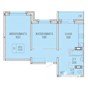 2-к квартира, вторичка, 53м2, 9/9 этаж