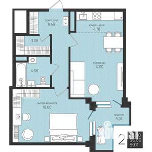 2-к квартира, строящийся дом, 59м2, 15/16 этаж