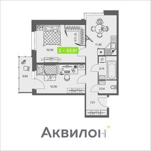 2-к квартира, вторичка, 54м2, 1/8 этаж
