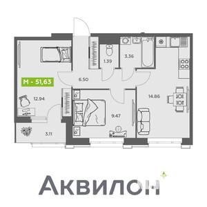 2-к квартира, вторичка, 52м2, 11/16 этаж