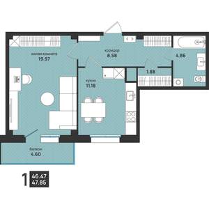 1-к квартира, вторичка, 48м2, 8/13 этаж