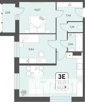 3-к квартира, строящийся дом, 55м2, 7/12 этаж