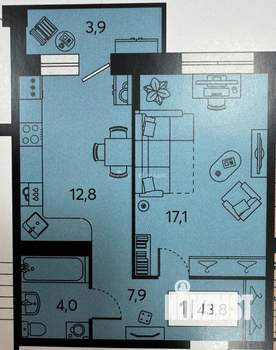 1-к квартира, вторичка, 44м2, 1/7 этаж