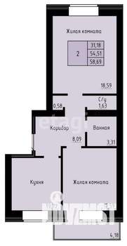 2-к квартира, вторичка, 59м2, 1/4 этаж