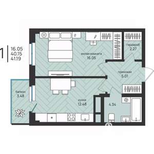 1-к квартира, вторичка, 41м2, 1/16 этаж