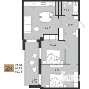 2-к квартира, вторичка, 67м2, 7/16 этаж