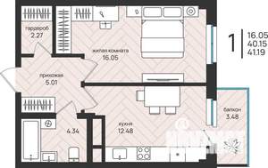 1-к квартира, вторичка, 41м2, 9/16 этаж