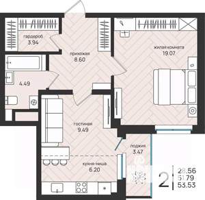 2-к квартира, вторичка, 54м2, 11/16 этаж