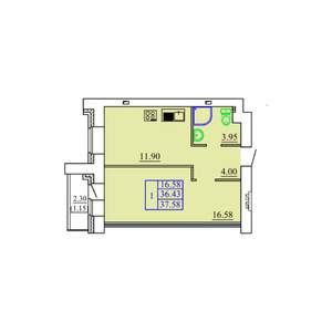 1-к квартира, строящийся дом, 38м2, 1/9 этаж