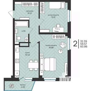 2-к квартира, вторичка, 61м2, 1/16 этаж