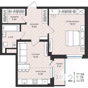 2-к квартира, вторичка, 54м2, 2/16 этаж