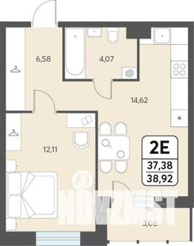 2-к квартира, строящийся дом, 39м2, 8/12 этаж