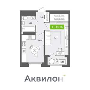 1-к квартира, сданный дом, 34м2, 13/16 этаж