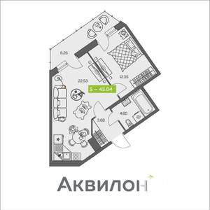 1-к квартира, вторичка, 45м2, 4/8 этаж