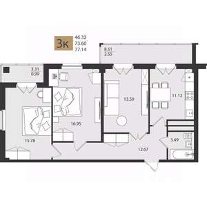 3-к квартира, вторичка, 77м2, 14/16 этаж