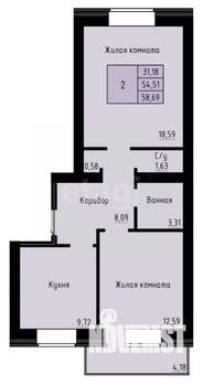 2-к квартира, вторичка, 59м2, 2/4 этаж