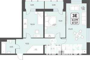 3-к квартира, строящийся дом, 67м2, 8/12 этаж
