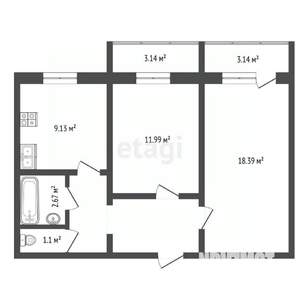 2-к квартира, вторичка, 53м2, 2/9 этаж