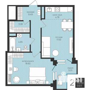 2-к квартира, вторичка, 59м2, 2/16 этаж