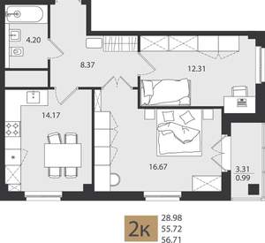 2-к квартира, вторичка, 57м2, 5/16 этаж