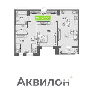 2-к квартира, вторичка, 62м2, 7/16 этаж