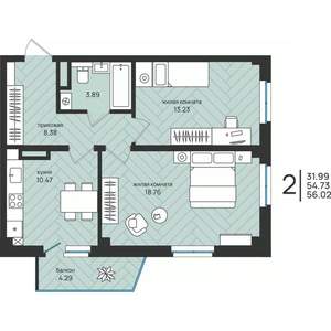 2-к квартира, вторичка, 56м2, 13/16 этаж