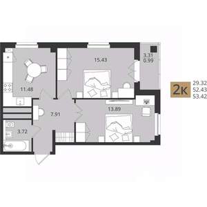 2-к квартира, вторичка, 53м2, 16/16 этаж