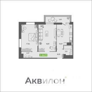 2-к квартира, вторичка, 64м2, 9/16 этаж