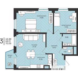 3-к квартира, вторичка, 70м2, 7/16 этаж