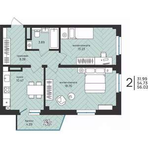 2-к квартира, вторичка, 56м2, 9/16 этаж