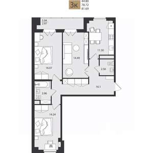 3-к квартира, вторичка, 82м2, 4/16 этаж