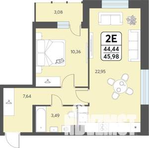 2-к квартира, строящийся дом, 46м2, 6/12 этаж