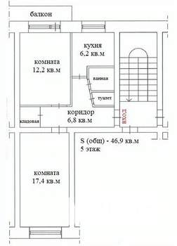 2-к квартира, вторичка, 47м2, 5/5 этаж