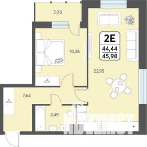 2-к квартира, строящийся дом, 46м2, 2/12 этаж