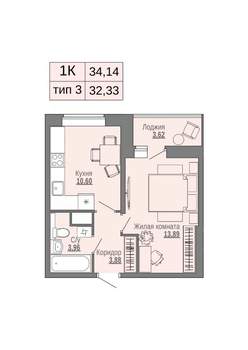 1-к квартира, строящийся дом, 34м2, 10/16 этаж