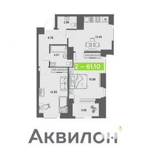 2-к квартира, вторичка, 61м2, 26/32 этаж