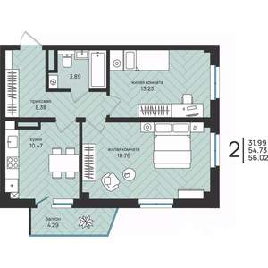 2-к квартира, вторичка, 56м2, 15/16 этаж