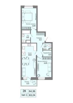 2-к квартира, строящийся дом, 64м2, 8/16 этаж