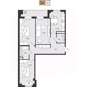 3-к квартира, вторичка, 82м2, 8/16 этаж