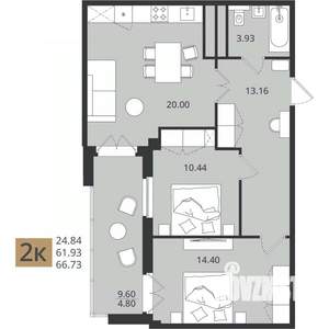 2-к квартира, вторичка, 67м2, 3/16 этаж